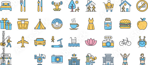 Lifestyle daily activities icons set, health food travel fitness home shopping leisure colorful outline vector illustration collection