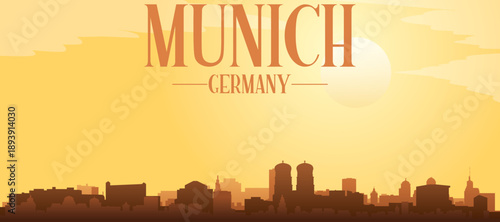 Golden yellow panoramic poster of the city skyline with misty background buildings and clouds of MUNICH, GERMANY