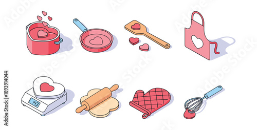 Heart-themed cooking and baking icons set