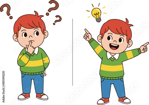 Red Haired Cartoon Boy Character Illustration Set Showing A Thinking Pose With Question Marks And Finding A Creative Idea With A Glowing Lightbulb