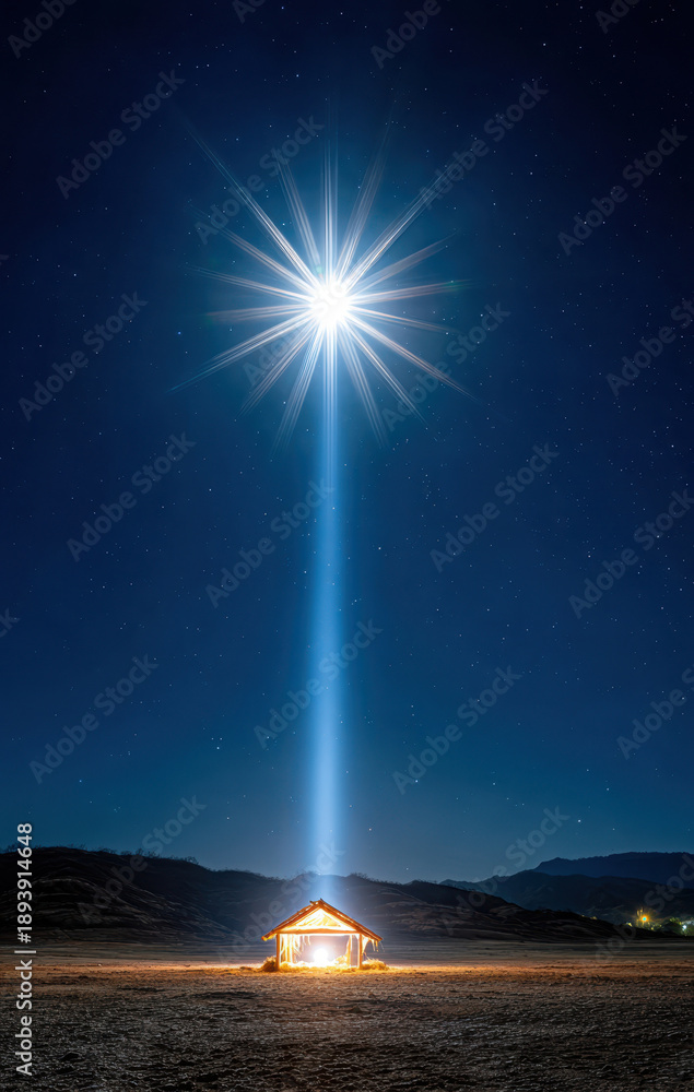 Fototapeta premium Bright star shines over a small shelter in a desert night under a starry sky