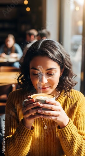 Wallpaper Mural Woman Enjoying Coffee Aroma in a Cozy Cafe. Torontodigital.ca