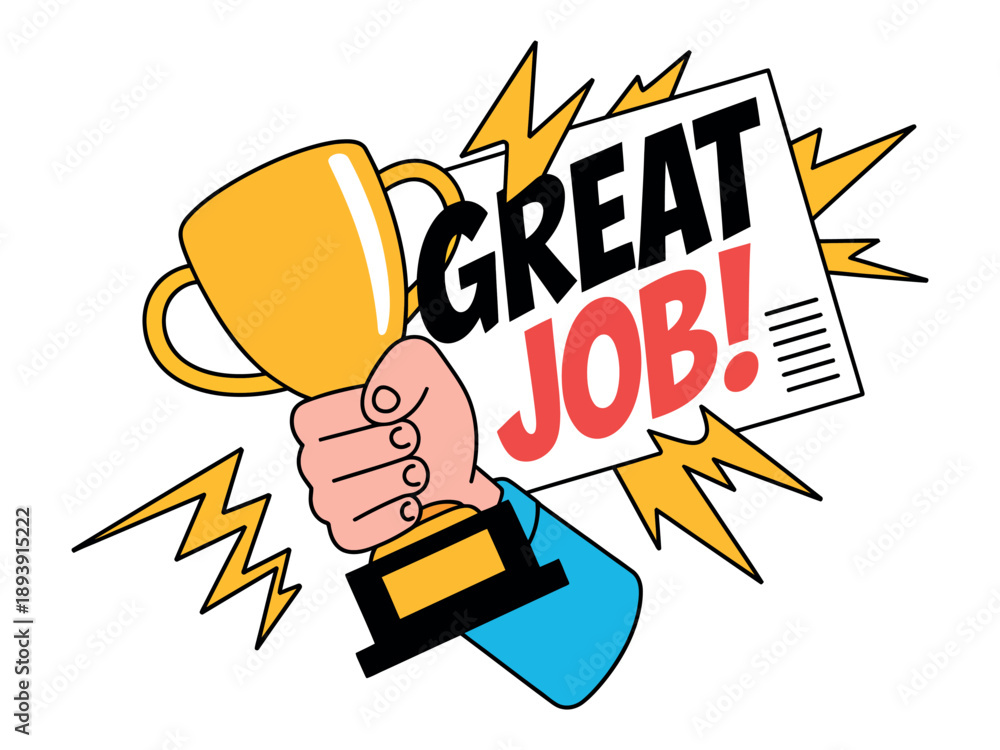 Fototapeta premium A cartoon hand holding a trophy with a newspaper saying great job