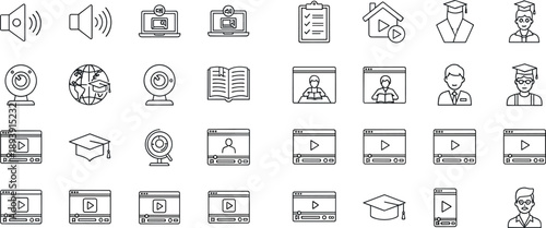 Online education e learning line icons set with video course webinar training study outline symbols