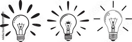 Three black and white light bulb with rays lightbulb bulbs lamps illumination