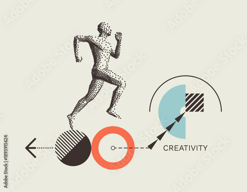 Running man or marathon runner. The concept of starting a business and moving towards a goal. Design for sport. Geometric pattern. Art composition. Vector for brochure, poster, presentation or flyer.