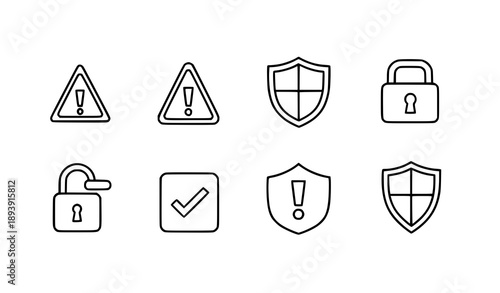 Warning caution shield lock security outline icons set vector illustration