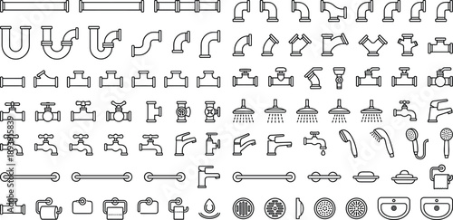 Plumbing and bathroom icon set, pipes, faucets, valves, showers, sinks, sanitary equipment, water system, minimal line vector illustration