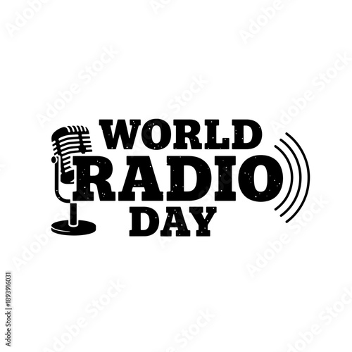 Black vintage World Radio Day logo, broadcasting promotion graphic.