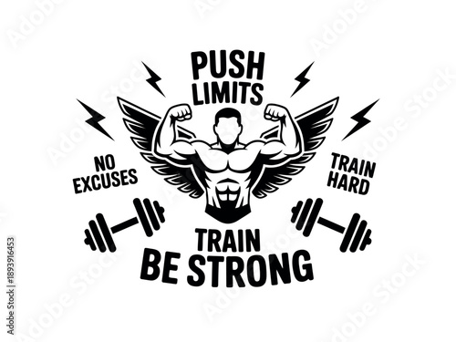 A motivational fitness graphic with a muscular man and inspiring workout phrases