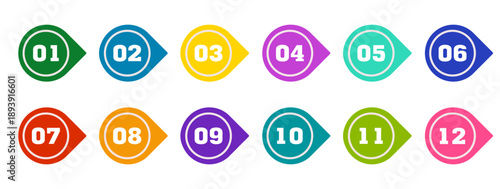 Colorful bullet point markers from 1 to 12. Minimalist round numbered Bullets for Infographics, Diagrams, Presentations, Projects, and Design. Vector Elements isolated on a white background