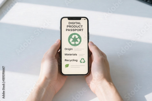 Digital product passport displayed on smartphone emphasizes sustainability and recycling, showcasing origin and materials information