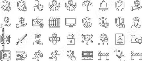 Security and protection line icon set with shield safety guard insurance alert and secure system symbols