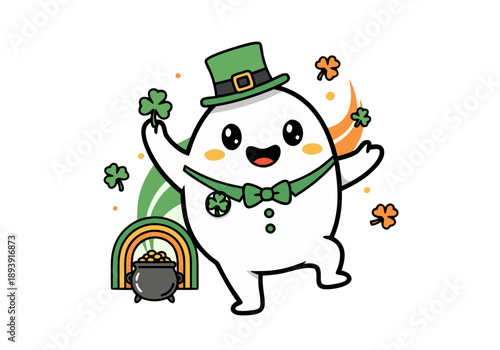 A cartoon character celebrates St. Patrick's Day with shamrocks and rainbow near a pot of gold.
