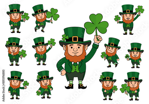 A jubilant leprechaun surrounded by dancing friends celebrates St. Patrick's Day with shamrocks in a lively cartoon illustration