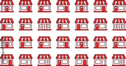 Shop storefront icons set, small business buildings, retail store vector collection, red line design, e commerce and local market graphics