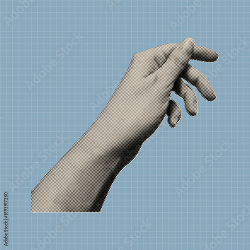 Trendy vintage collage conception with relaxed fist hand symbol. Halftone illustration of human hand gesture with tension and pause in retro pop art style. Vector illustration.
