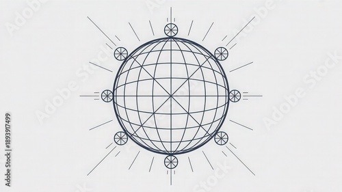 Monochromatic line art depiction of a detailed wireframe planet surrounded by radiating lines and external connection points signifying universal reach and scientific measurement.