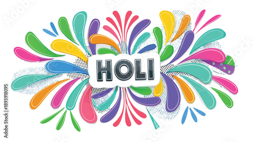 Vibrant holi celebration design with multicolored splashes and textured effects on white background
