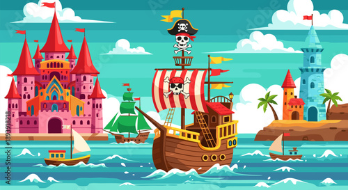 Lively vector illustration of a pirate ship sailing towards a vibrant fantasy castle and a lighthouse island, depicting an exciting sea adventure