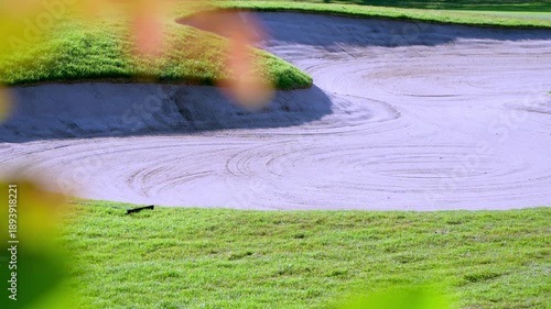 Sand Bunker on Professional Golf Course,A well-maintained sand trap with rake marks on a lush green golf course, captured with soft natural lighting and foreground bokeh.