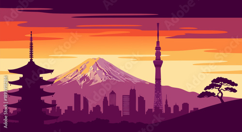 Stunning vector illustration of an iconic Japanese cityscape at sunset, featuring a majestic mountain and traditional pagoda silhouetted against a vibrant sky