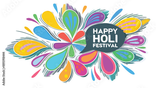 Vibrant holi festival illustration with colorful splashes and happy holi text