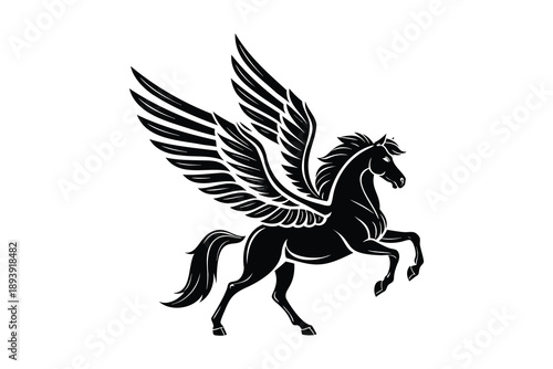 Black silhouette of a mythical winged horse running freely  a mythical creature with wings