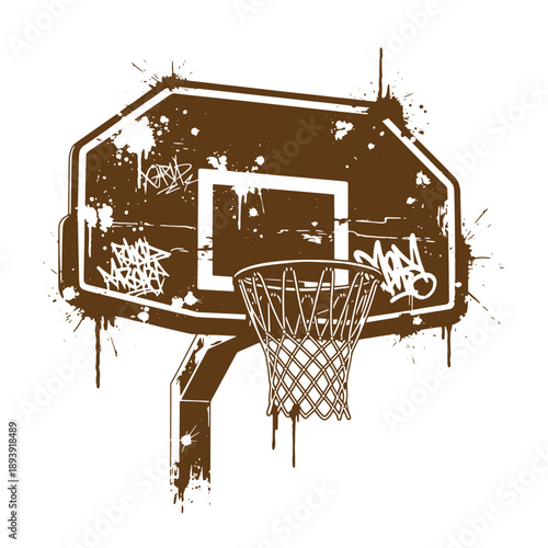 Vintage Grunge texture Brown graffiti basketball hoop with net and backboard splatter design isolated on white background
