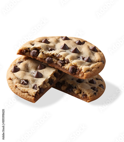Chocolate chip cookie biscuit, broken chocolate chip cookie delicious dessert treat on transparent background with shadow.