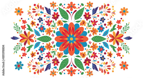 Vibrant and symmetrical Mexican floral pattern with colorful flowers and leaves, reflecting traditional folk art for festive decorations.