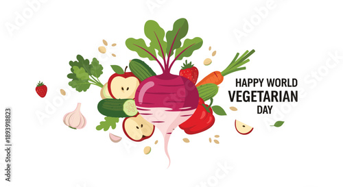 Happy World Vegetarian Day greeting with a vibrant arrangement of fresh, healthy vegetables and fruits, including beets, apples, and carrots.
