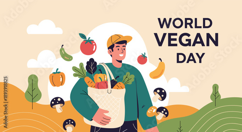 World Vegan Day banner featuring a happy man carrying a tote bag full of fresh vegetables and fruits in a natural landscape.