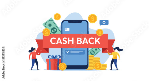Cash back rewards program concept showing two women celebrating next to a large smartphone with money and coins flying out.
