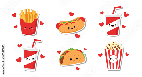 Charming collection of kawaii-style fast food stickers featuring smiling characters like french fries, a hot dog, taco, and popcorn, surrounded by love hearts.