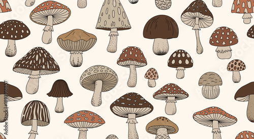 Seamless pattern of hand-drawn vintage-style mushrooms in various shapes and sizes with earthy tones for a cozy cottagecore aesthetic.