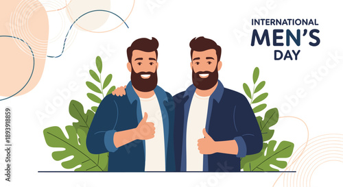 International Men's Day banner featuring two smiling, bearded men with their arms around each other, giving a thumbs-up gesture.