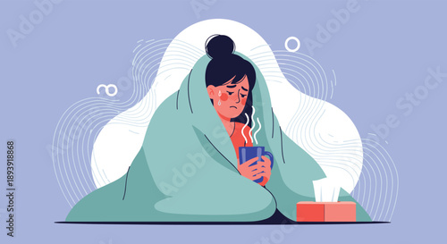 Sick woman with a fever wrapped in a blanket, holding a hot drink to recover from the flu, cold, or other illness at home.