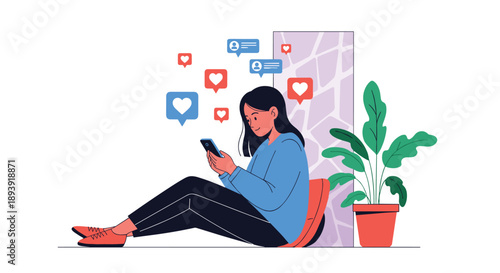 Young woman sitting on the floor smiling while using her smartphone, engaging with social media likes, comments, and notifications.