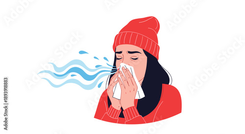 Young woman in a beanie sneezing into a tissue, suffering from a cold, flu, or allergies during the winter season vector.