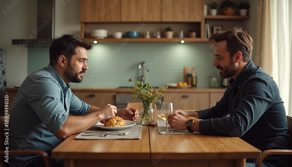 Fototapeta premium Intimate dinner with two men sharing conversation and food at wooden table. Dinner setting features delicious meal on plates, glasses of wine, and a fresh flower centerpiece.