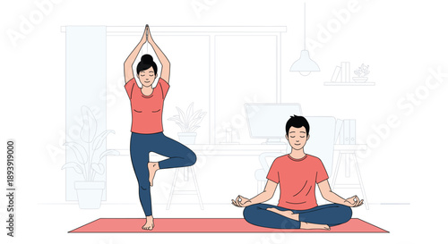 Man and woman practicing yoga together in a modern home office, finding balance and relaxation with meditation and asanas.