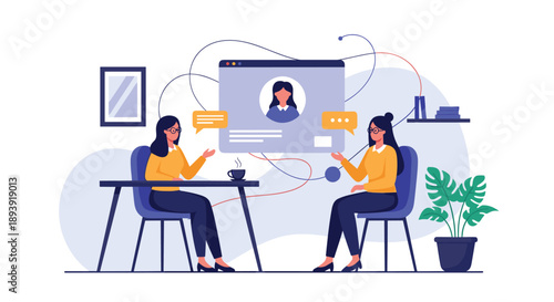 Two women having a virtual meeting or online therapy session, connected through a digital interface while sitting at a table.