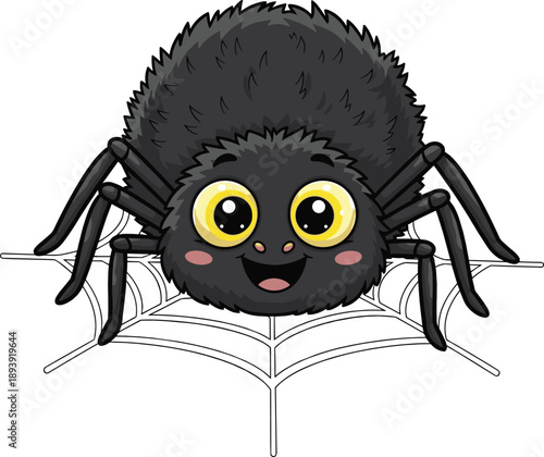 Cute cartoon spider on web, smiling black arachnid with yellow eyes and pink cheeks, friendly Halloween character, whimsical children’s illustration