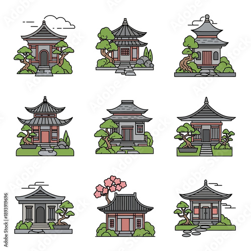 Set of traditional Japanese pagoda houses with bonsai trees and landscaping