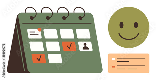 Time management, scheduling, organization, task planning, productivity, reminder. Desktop calendar with marked dates, smile symbol and task card. Time management and scheduling concept
