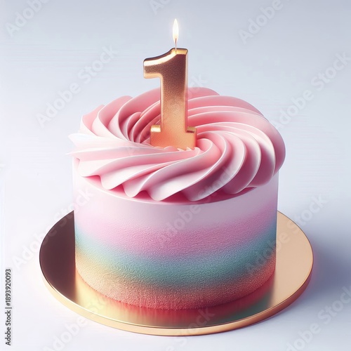 Minimal pastel birthday cake with number one candle on clean background. Modern celebration design suitable for invitations, posters, cards and print projects.