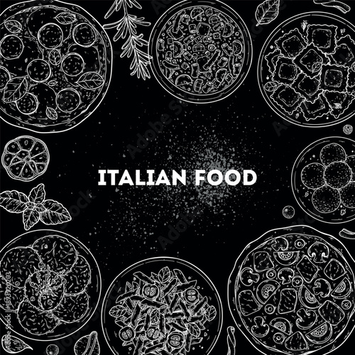 Italian cuisine. Italian food top view. Vector drawing illustration. Set of sketches of Italian dishes. Food menu design template. Not AI generated.