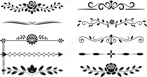 Set of ten black decorative floral and scrollwork ornamental dividers and borders flourish