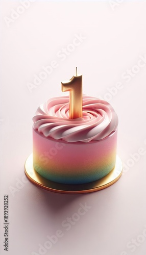 Minimal pastel birthday cake with number one candle on clean background. Modern celebration design suitable for invitations, posters, cards and print projects.